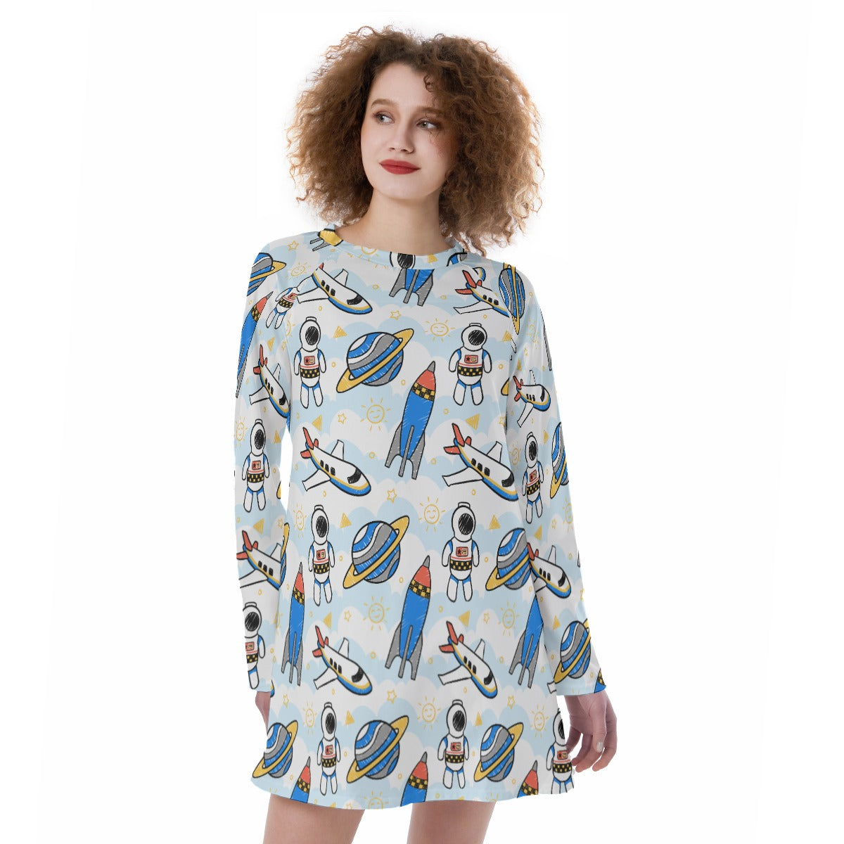 "Space Adventure Long-Sleeve Dress – Out-of-This-World Comfort and Style"