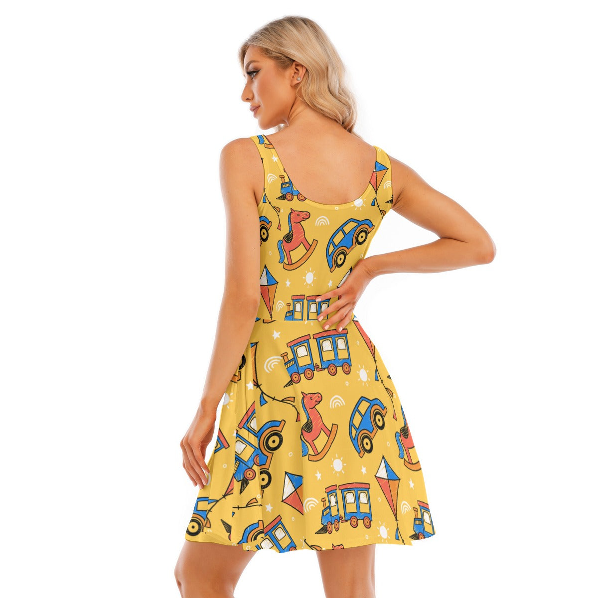 "Playful Toy Print Sleeveless Dress – Adorably Fun and Comfortable"