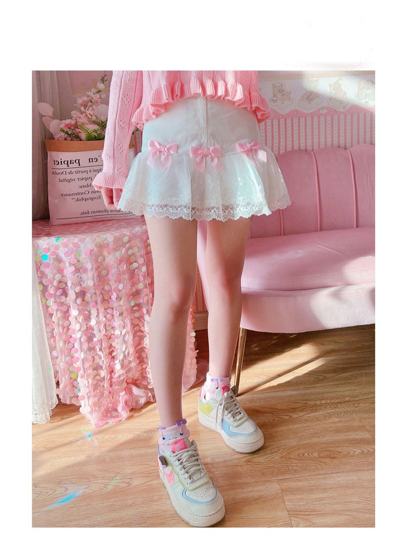 White Lace Pink Bows Mini Skirt