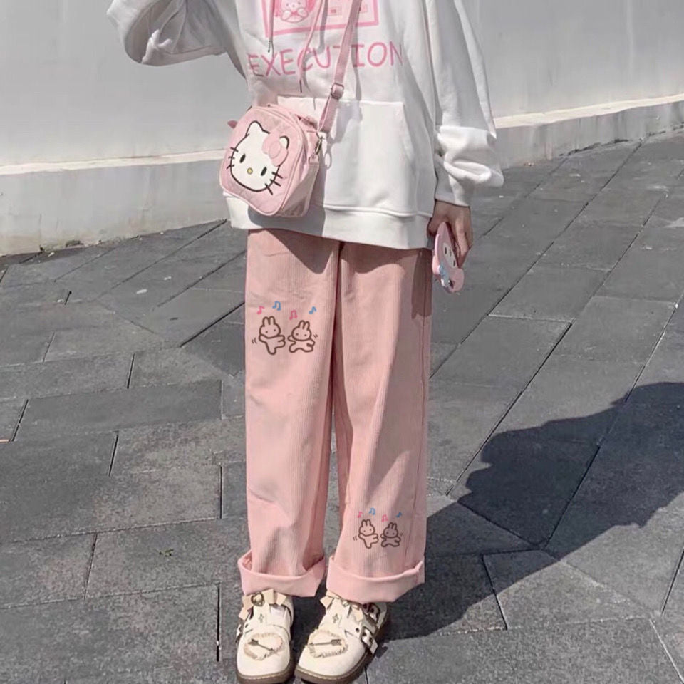 Cute Bunny Baggy Pink Corduroy Pants