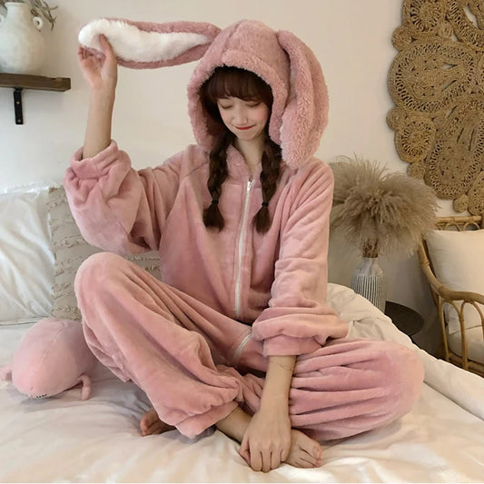 ABDL One Piece Hooded Bunny Rabbit Ears Fleece Pajamas