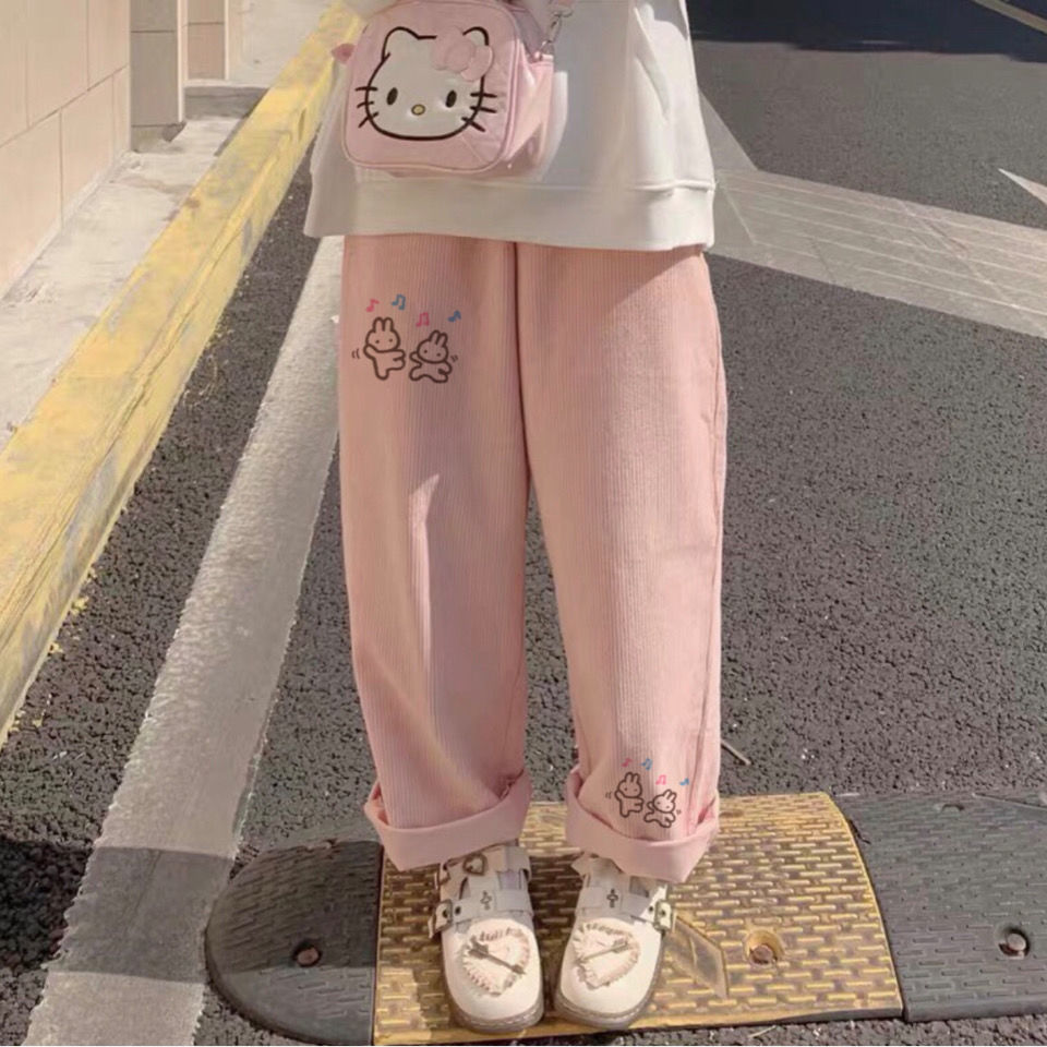 Cute Bunny Baggy Pink Corduroy Pants