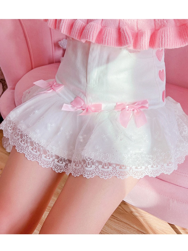 White Lace Pink Bows Mini Skirt