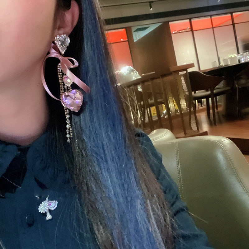 Pink Bowknot Crystal Heart Tassel Earrings
