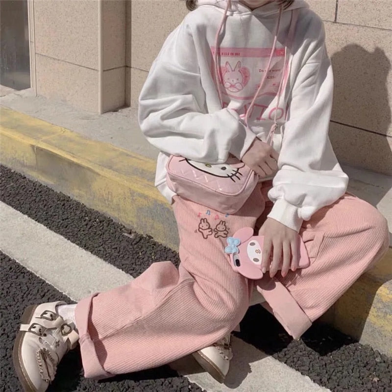 Cute Bunny Baggy Pink Corduroy Pants