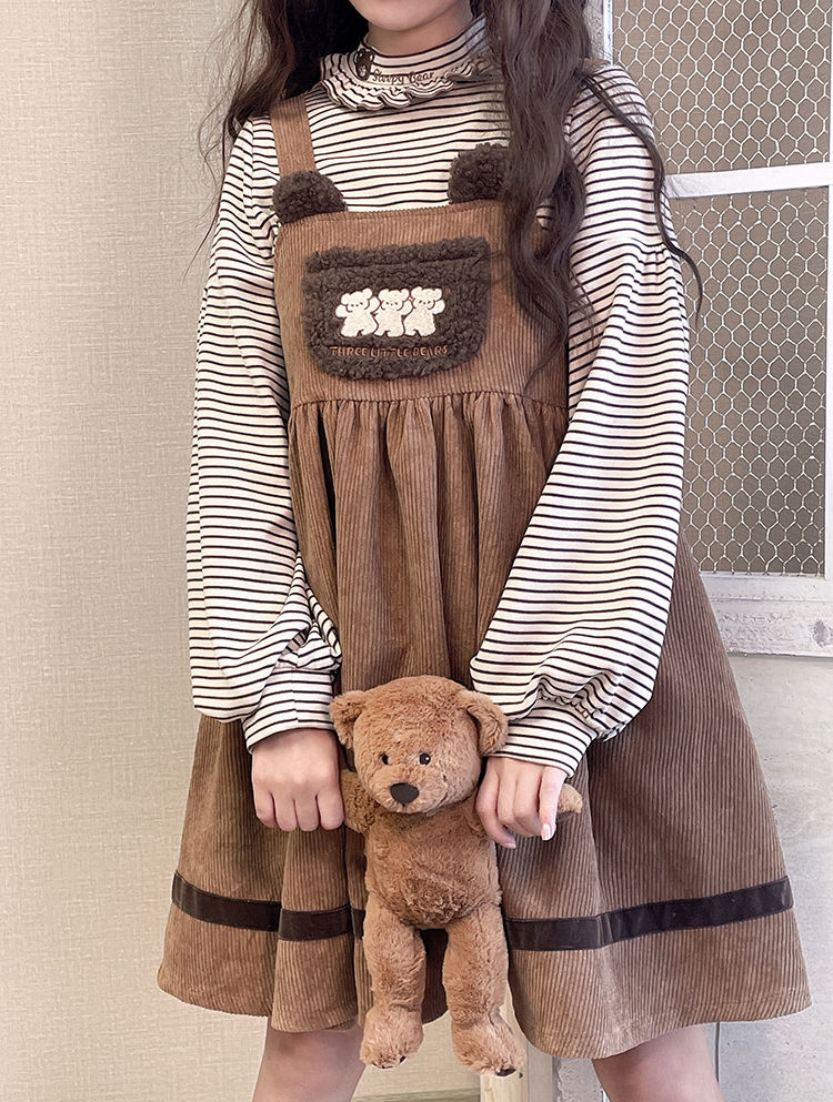 Cute Corduroy Embroidered Bear Dress