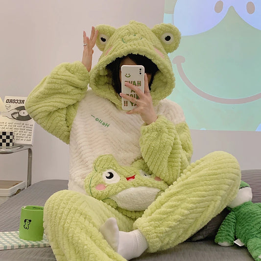 ABDL Cute Frog Hooded Flannel Pajamas
