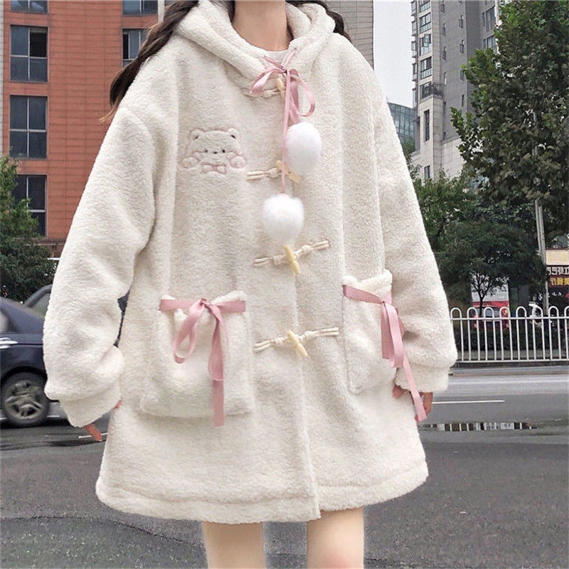 Cute Bowknots & Pom Poms Warm Wool Coat