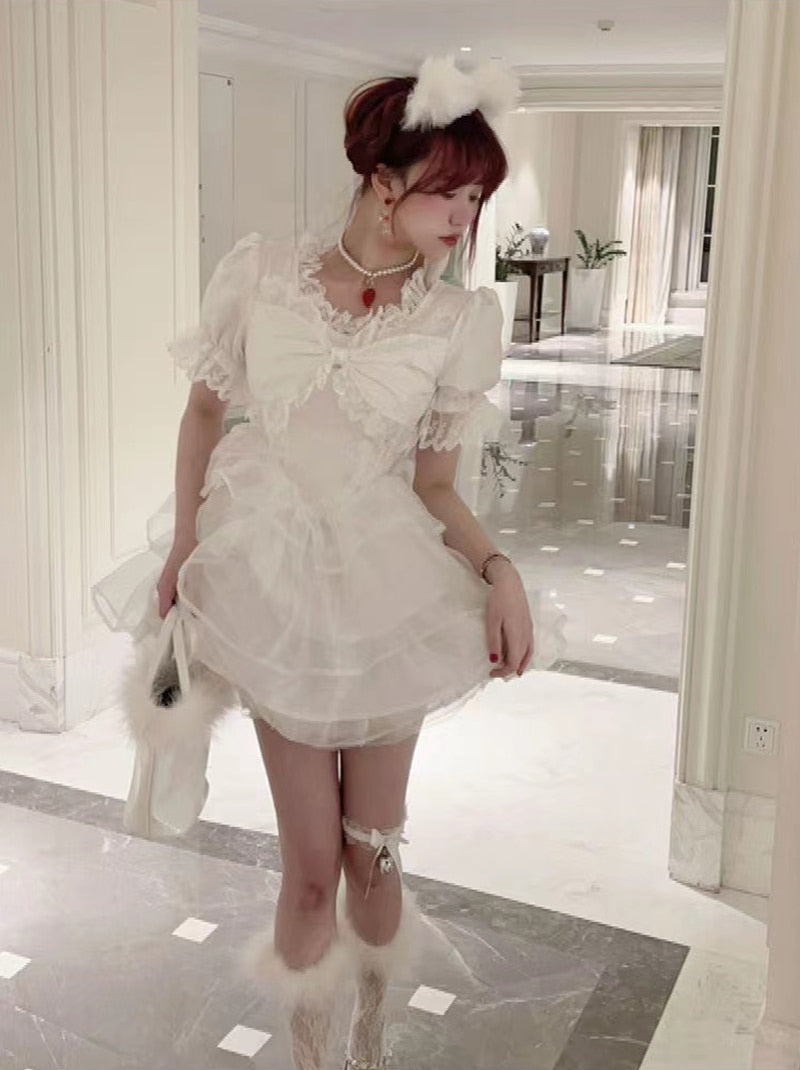 Puff Sleeves White Lace Dress