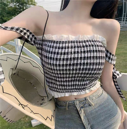 Convertible Plaid Ruffled Bustier Tank Top