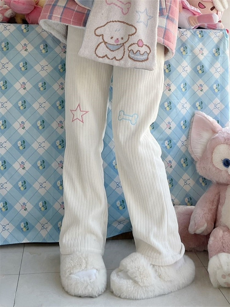 Cute White Corduroy Embroidered Pants