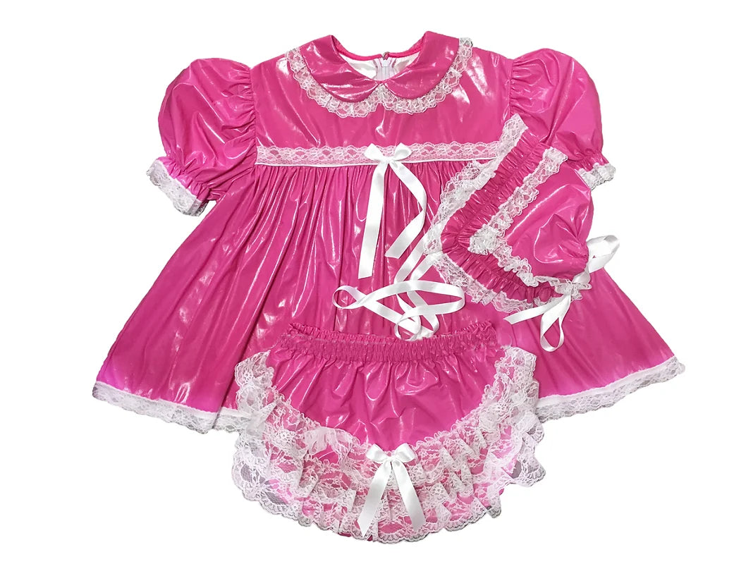 Sweet Dreams Delight: ABDL Lockable Pink Doll Neck Bubble Sleeve Ruffle Lace Maid Dress Set