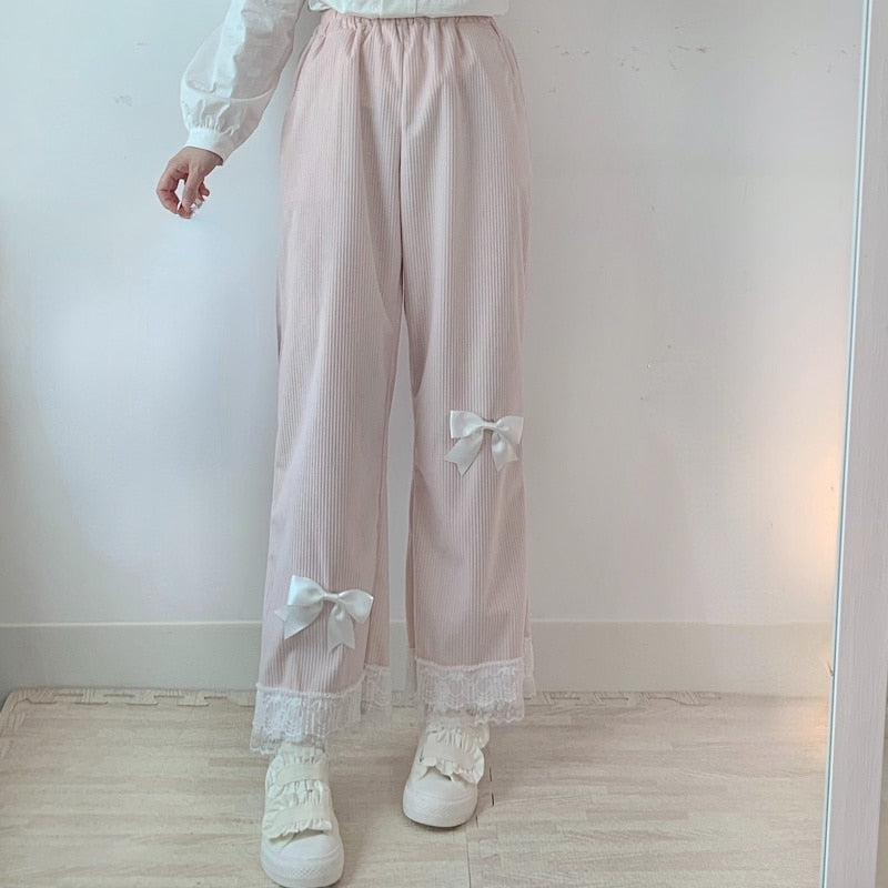 Cute Bow & Lace Corduroy Pants