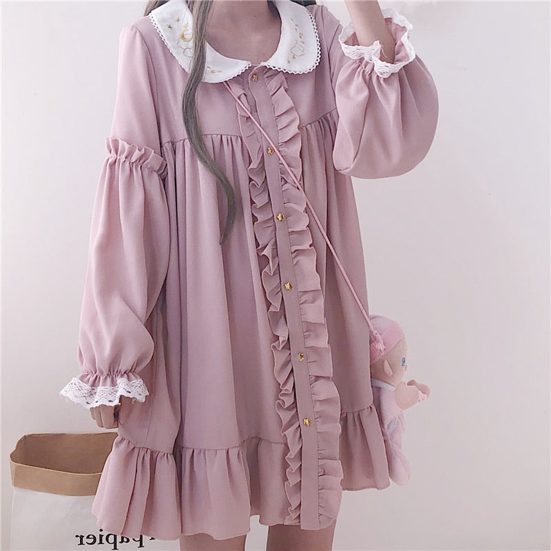 Pink Ruffles Loose Autumn Dress