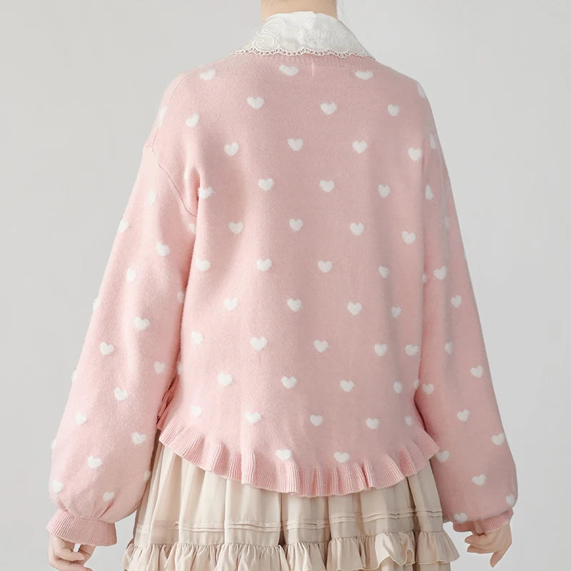 Cute ABDL Heart Print Knitted Ruffle Sweater