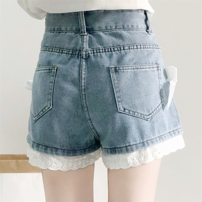 Cute Bows & Lace Denim Shorts