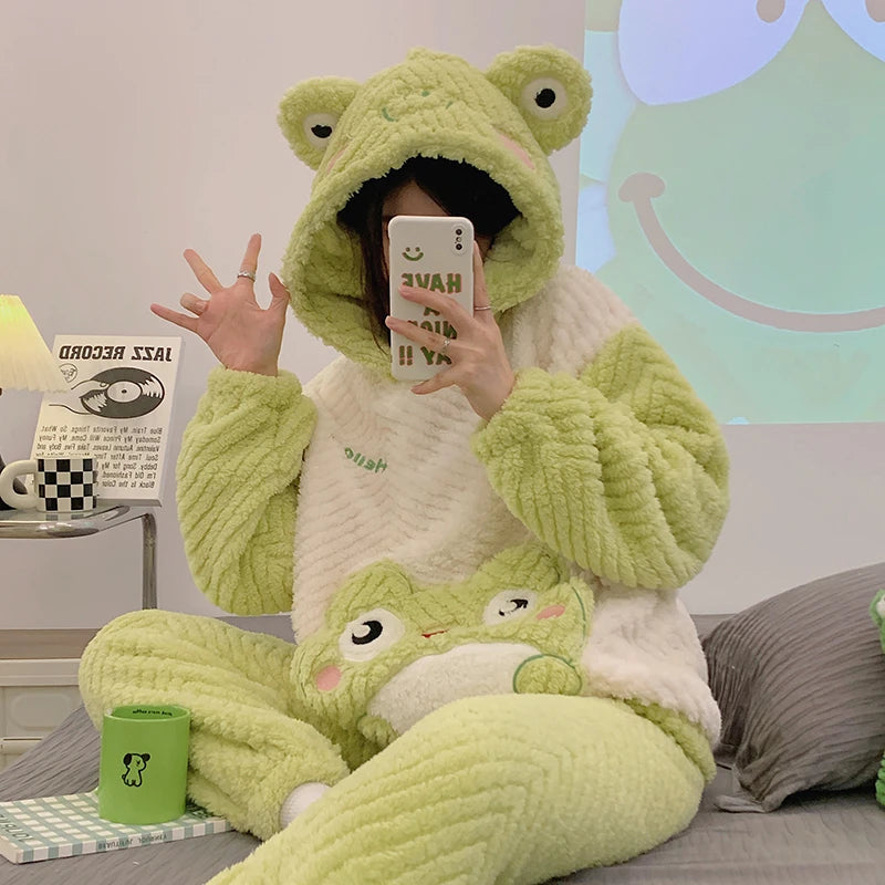 ABDL Cute Frog Hooded Flannel Pajamas