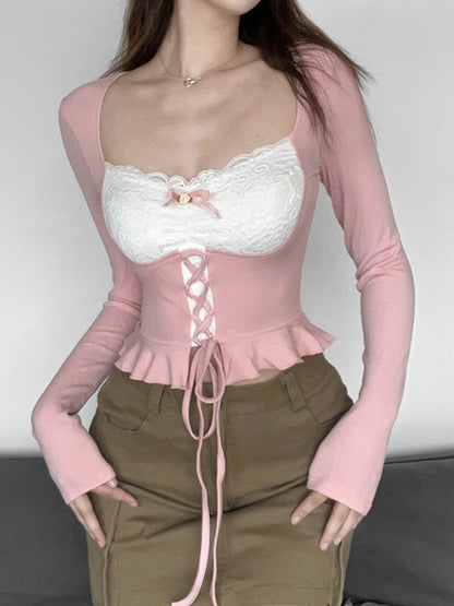 Coquette Pink Lace Up Ruffle Top