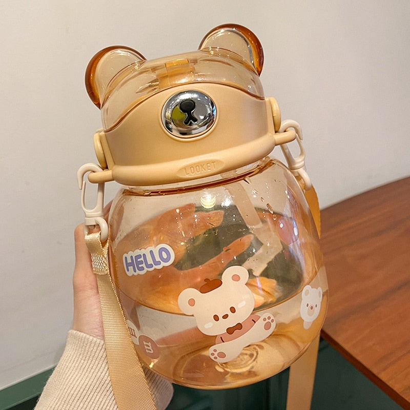 Cute Large Water Bottle With Straw and Carrying Strap