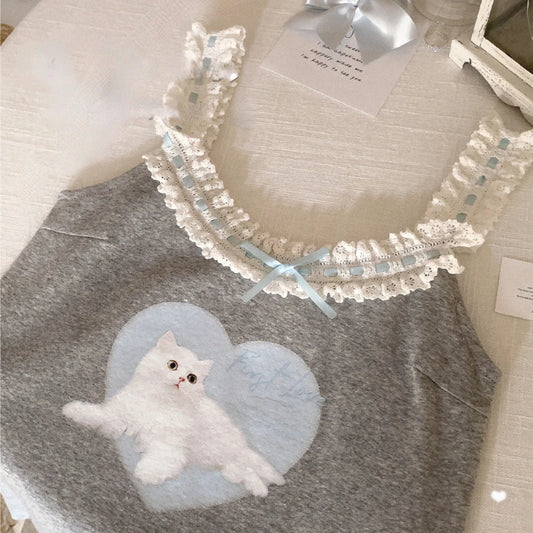 Cute Cat Print Lace Trimmed Crop Top