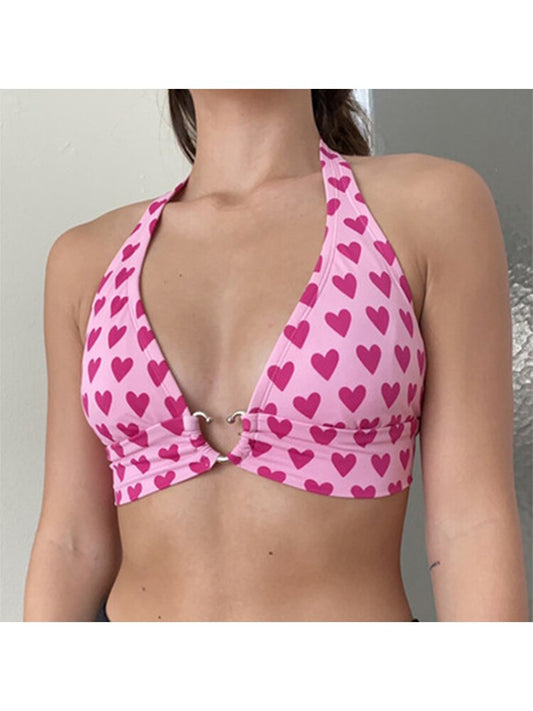 Cute Heart Print Bustier Crop Top