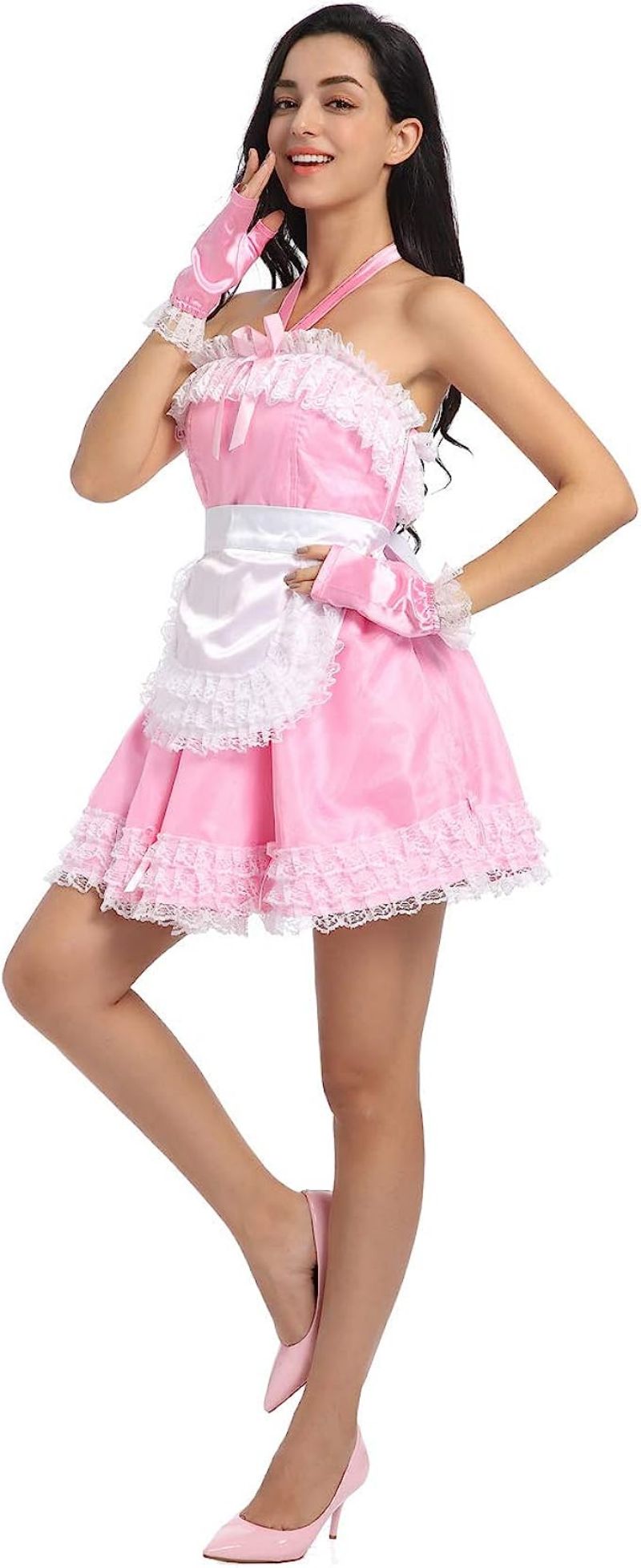 Adult Baby Pink Maid Satin Dress White Apron