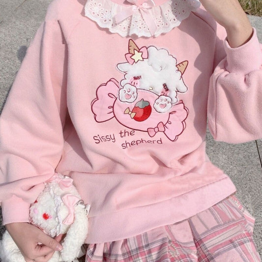 Cute Lamb And Candy Embroidered Sweatshirt