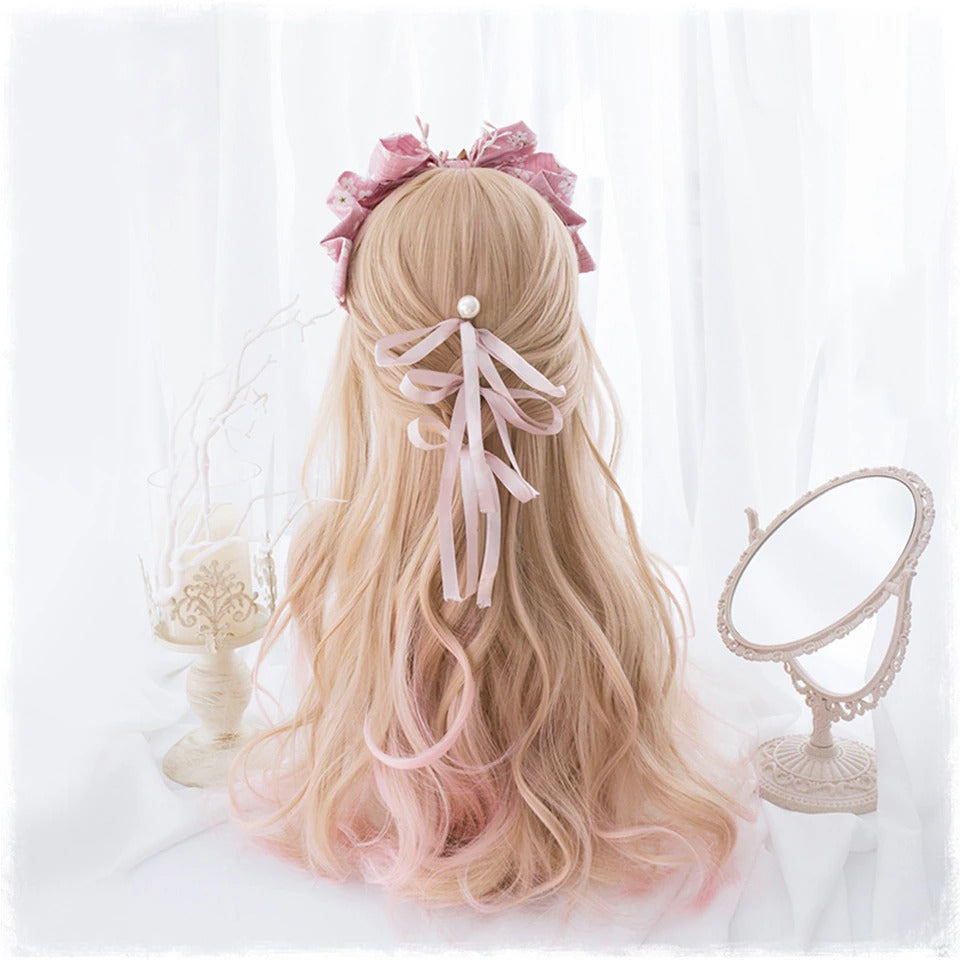 Cute Pink Ombre Wavy Wig With Bangs