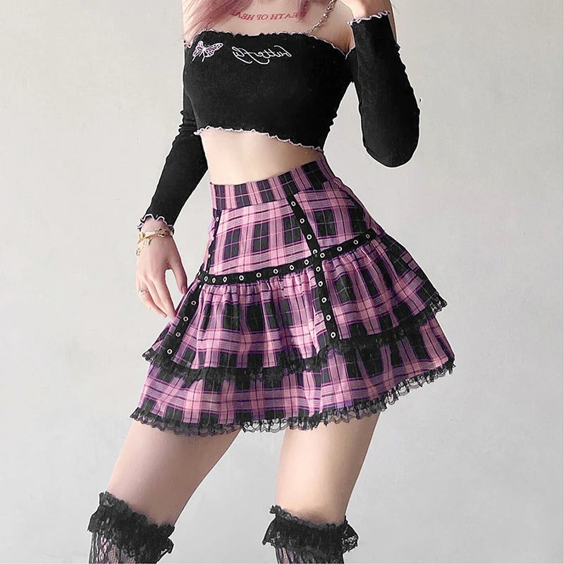 Cute Plaid Lace Trimmed Mini Skirt