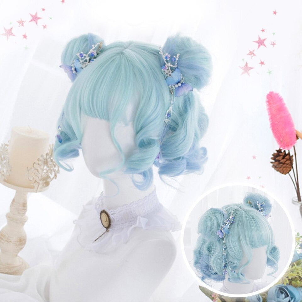 Cute Short Blue Curly Wig With Bangs