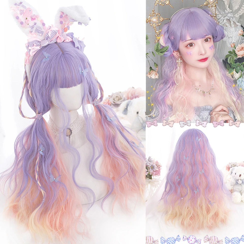 Cute Purple Pink Wavy Wig With Bangs