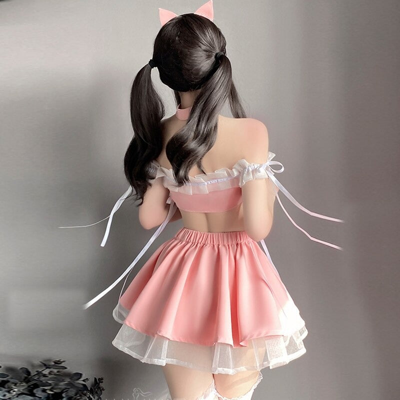 Cute Pink Cat Off Shoulder Skirt & Top Set