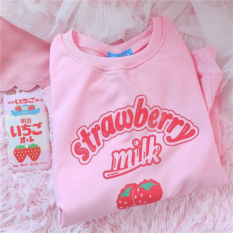 Cute Pink Strawberry Milk Fleece Sweatshirt