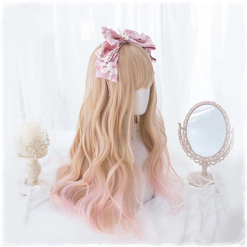 Cute Pink Ombre Wavy Wig With Bangs