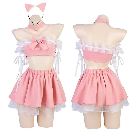 Cute Pink Cat Off Shoulder Skirt & Top Set