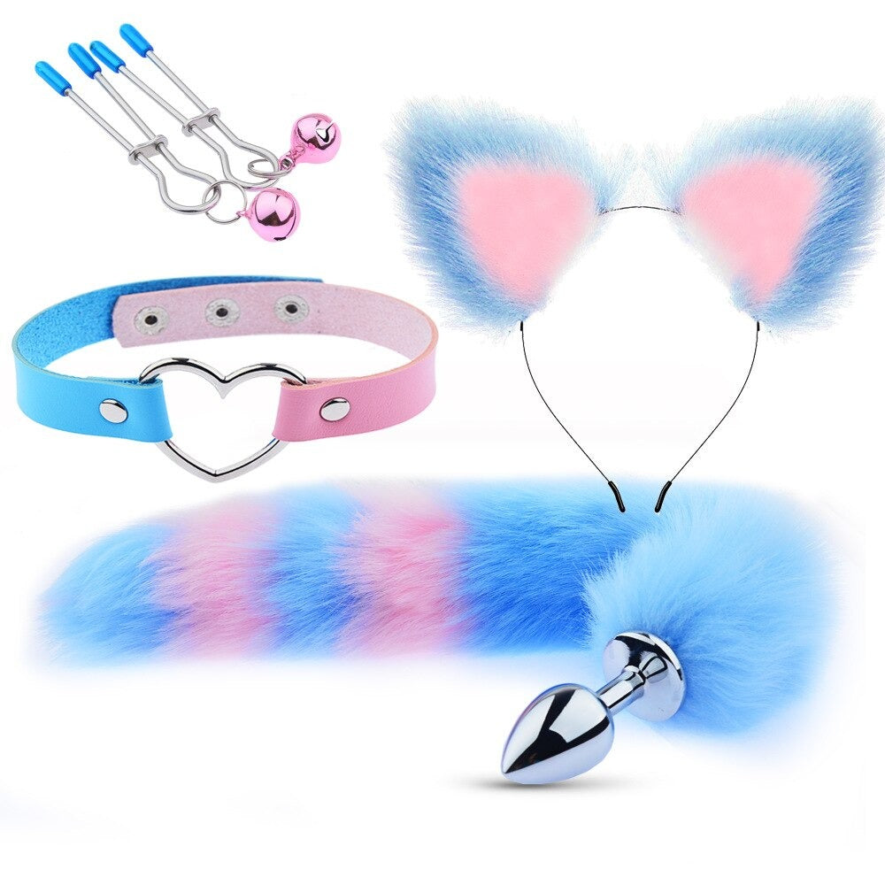 Cute Fox Tail Butt Plug, Cat Ears, Collar & Nipple Clamps Set