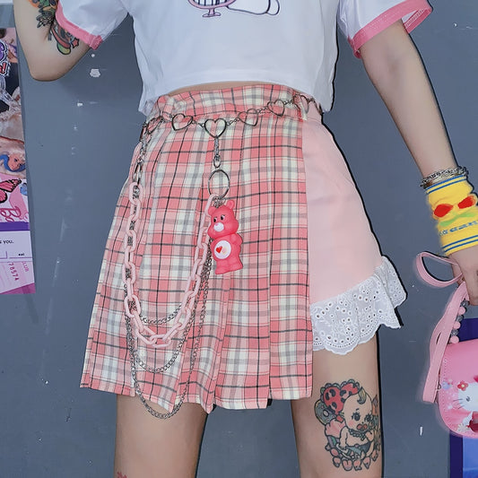 Cute Plaid Lace Asymmetrical Mini Skirt