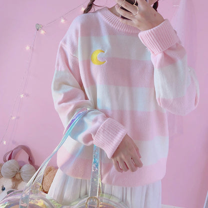 Cute Striped Embroidered Moon Sweater