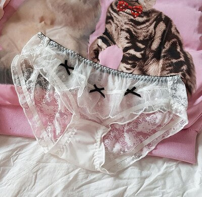Cute See Through Lace Ruffles & Bows Panties Set (3 Pcs)