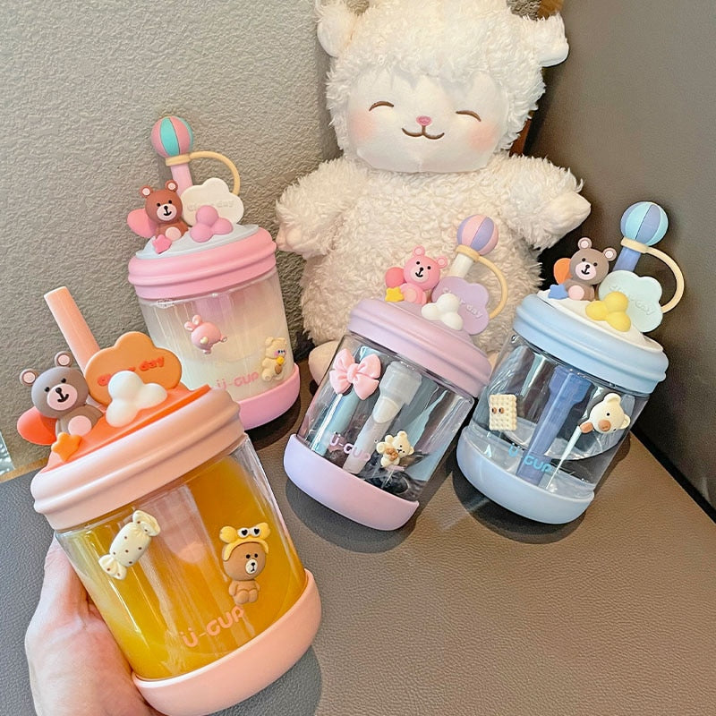 SnuggleBear Sipper: ABDL-Adorable Candy-Themed Water Bottle with Straw - 470ml