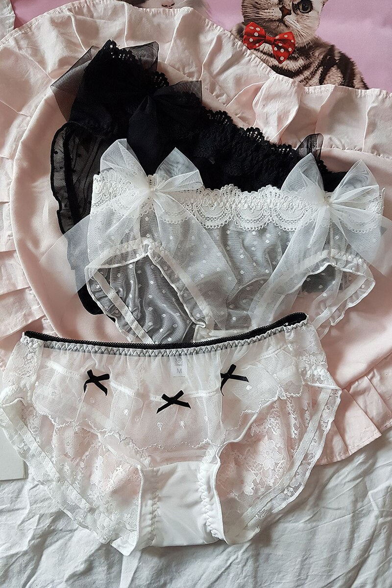 Cute See Through Lace Ruffles & Bows Panties Set (3 Pcs)