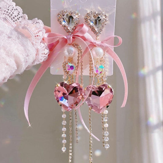 Pink Bowknot Crystal Heart Tassel Earrings