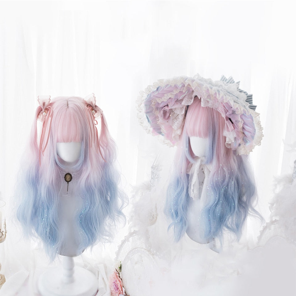 Cute Pink Blue Wavy Wig With Bangs