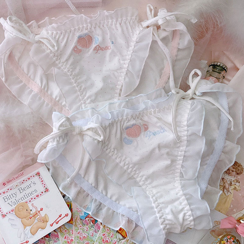 Embroidered Peach Lace-up Ruffled Panties