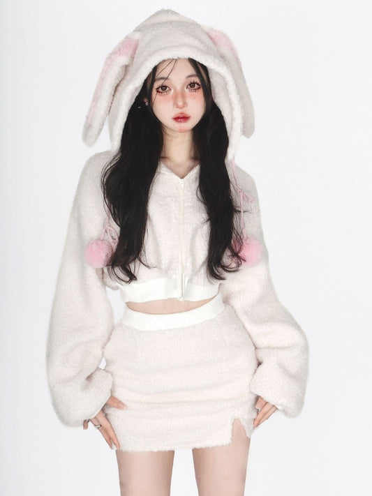 Cute Two-piece Fluffy Skirt + Rabbit Hooded Top Set