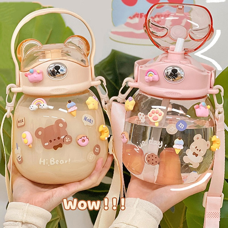 Cute Large Water Bottle With Straw and Carrying Strap