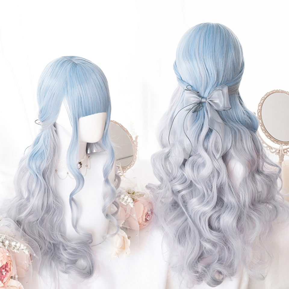 Cute Blue & Gray Wavy Wig With Bangs