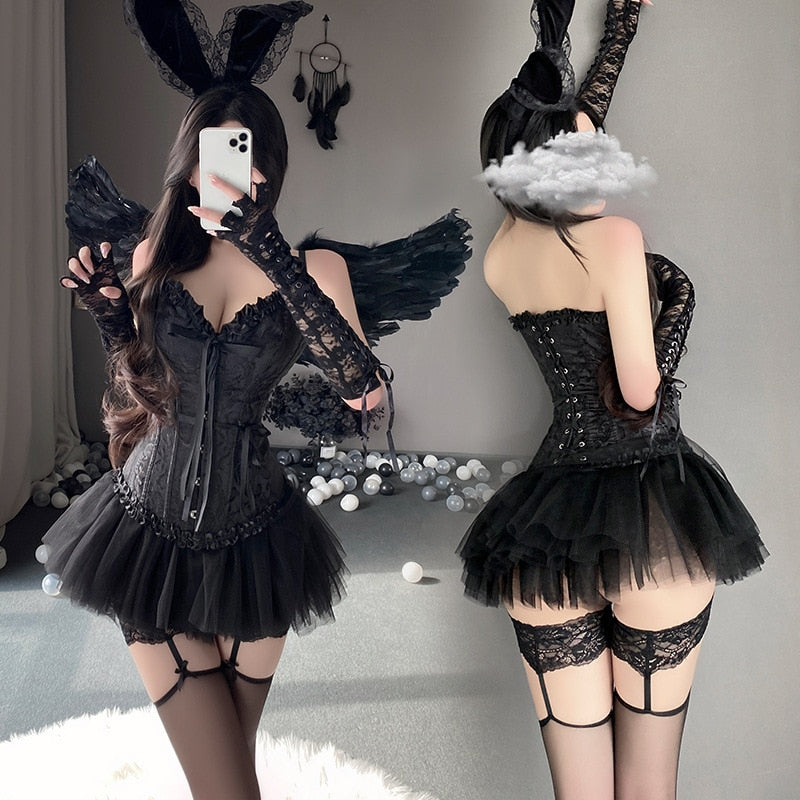 Dark Little Angel Tube Top Corset & Pompon Skirt Set