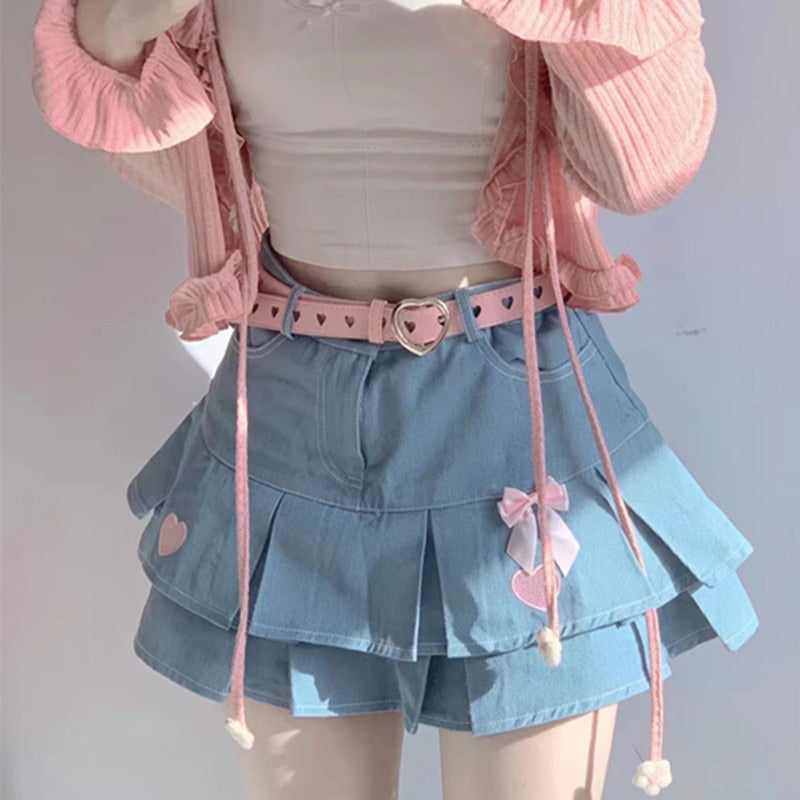 Cute Bow Tiered Denim Skirt