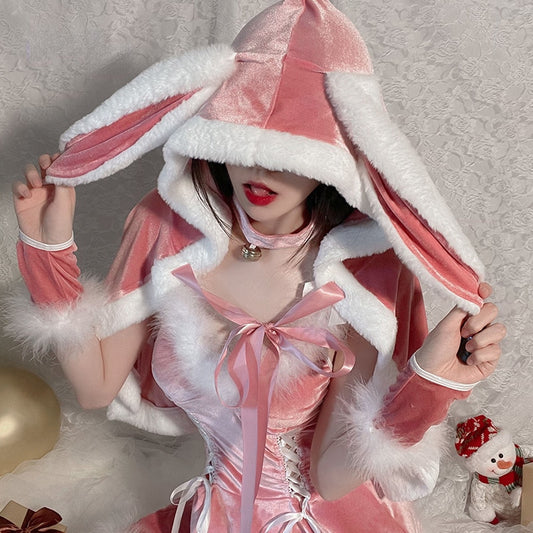 Cute Pink Plush Bunny Cloak Costume
